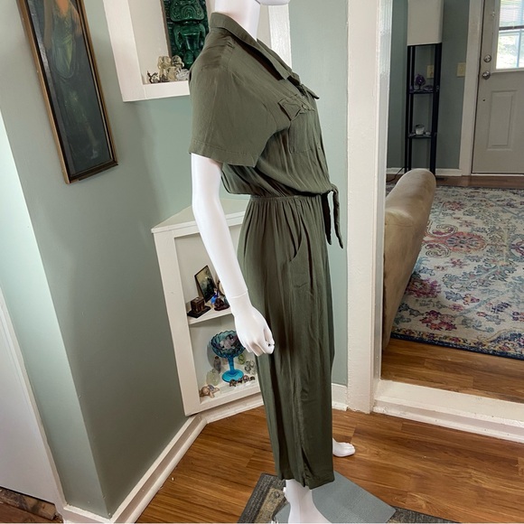 Universal Thread army olive Green Tie rayon Jumpsuit cropped wide leg small - Picture 7 of 11